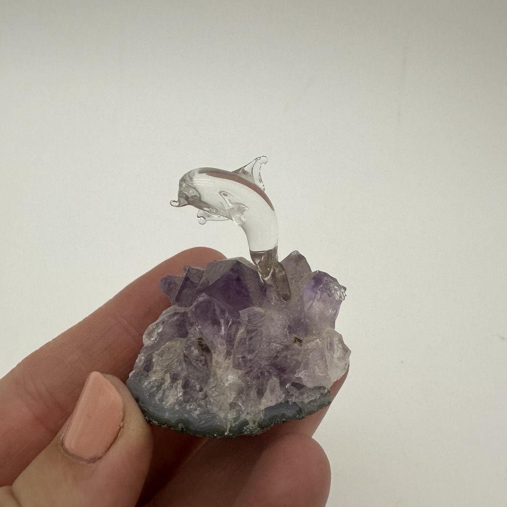 Vintage Dolphin Breaching‎ water On Purple Amethyst Crystal Base Figurine 1.5"